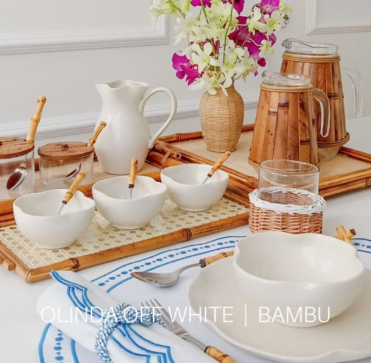 Conjunto de mesa Coleção Olinda White: louça branca, jarras e utensílios com bambu, Para La Casa